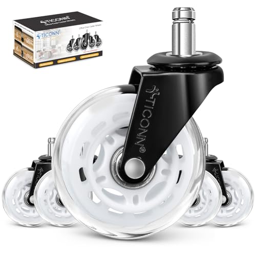 Image of TICONN Office Chair Caster Wheels Set of 5 for Tile, Hardwood Floors and Carpets, Universal Fit for Most Chairs (White)