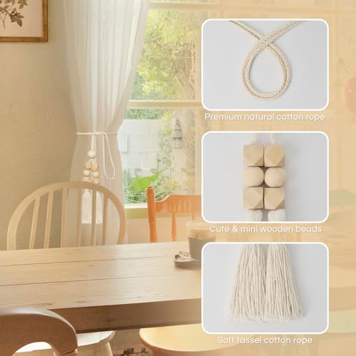 NICEEC 2 Pack Natural Cotton Rope Tassel Curtain Tiebacks Boho Style Decorative Drape Tie Backs Elegant Wooden Beads Curtain Holdbacks for Home & Office Window Drapery (Wooden Bead-C)