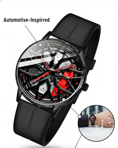 Image of Oculus Men's 3D Car Wheel Rotating Watch, Luxury Sport Quartz with Hollow Hub Dial, Magnetic Silicone Strap, Automotive-Inspired Design, Black Magnetic Straps