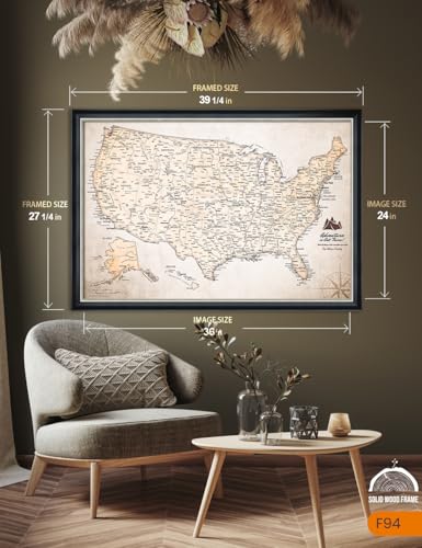 Image of IPIC - Custom USA Map Canvas Wall Art, Personalized Artwork with Names and Message on, Framed Oversize Travel Map for Home, Office, or Study, Push in Board Decor for Travel Lovers