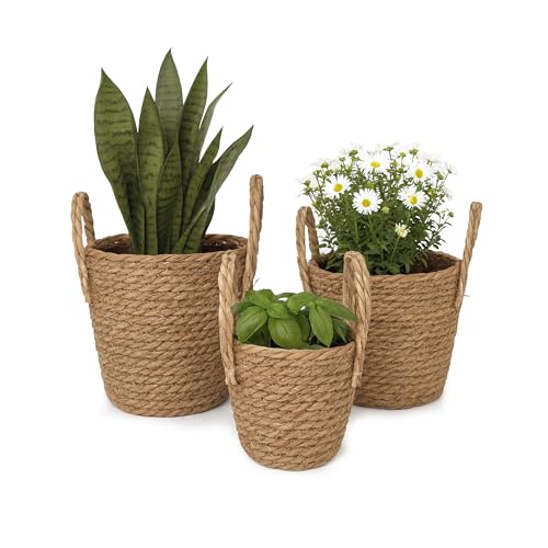 Relaxdays Blumentopf, 3er Set, Schilf, Pflanzentöpfe mit Folie &...
