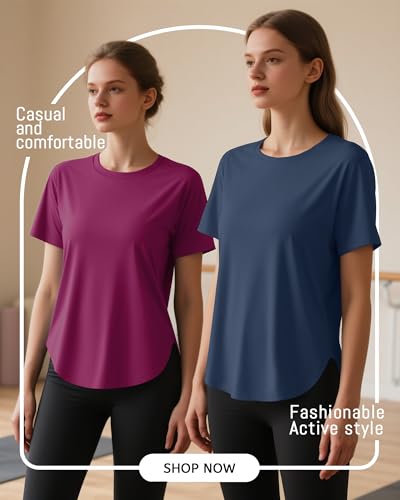 4 Pack Women's Workout T Shirts Short Sleeve Athletic Basic Tee Tops Quick Dry UPF 50+ Sun Protection with Split Hem2