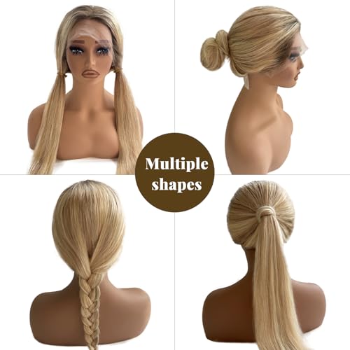 Image of Belaved Highlights Ash Brown Lace Front Wigs Human Hair No Synthetic HD Frontal Real Human Hair Dark Brown Roots Pre Plucked Glueless 180% Density Seamless 13x4 Straight for Women 22 Inch
