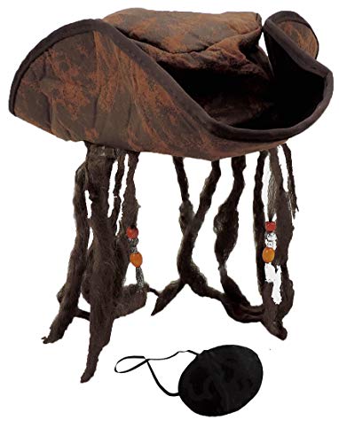 Distressed Brown Caribbean Pirate Costume Tri-Corn Hat Adult with Dreadlocks & Eye Patch