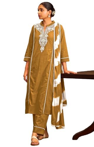 Image of DRESOUL Women Pure Cotton Schiffli Embroidered Kurta Set and Dupatta