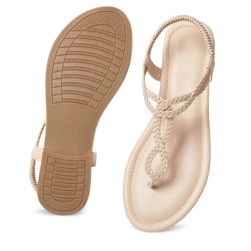 Image of iCKER Womens Braided T‑Strap Flat Sandals Elastic Stretch Ankle Strap | Boho cute casual lightweight and comfort matches dresses for beach vacation