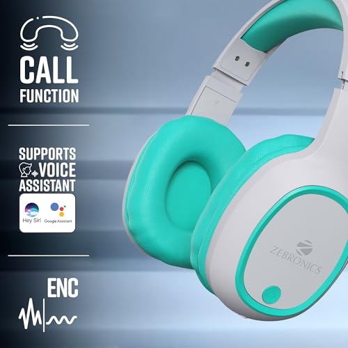 Image of ZEBRONICS Thunder Bluetooth 5.3 Wireless Over Ear Headphones with 60H Backup, Gaming Mode, Dual Pairing, Enc, Aux, Micro Sd, Voice Assistant, Comfortable Earcups, Call Function (Sea Green)
