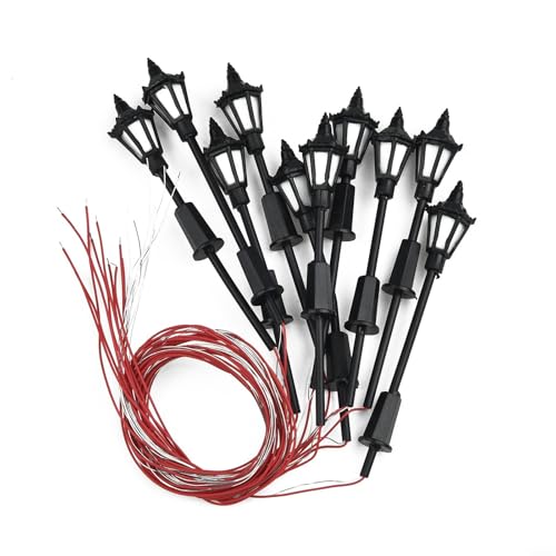 Lot de 10 lampadaires miniatures en plastique avec LED pré-câblées pour modélisme de trains miniatures, accessoires de scène de patio - Échelle 1:75 - 3 V