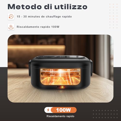 Scaldavivande Elettrico Portatile, 100 W Porta Pranzo Termico Con Borsa Termica, 1.5 L 3 In 1 Scalda Vivande Elettrico, 12 V/24 V/220 V Lunch Box Termico Per Auto Camion E Ufficio, Nero - 2