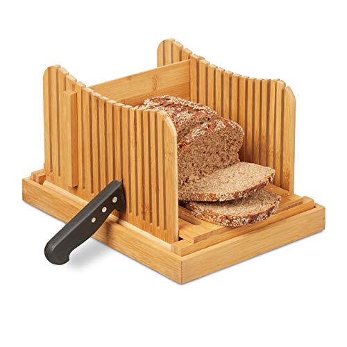 Relaxdays Brotschneidehilfe, verstellbare Schneidehilfe, Brot, Toast und Kuchen, Bambus, Brotbrett mit Krümelfach, natur