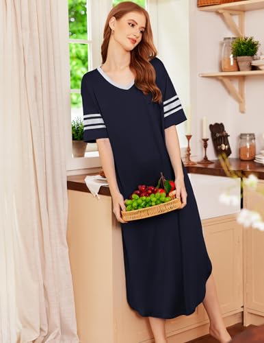 Image of Ekouaer Long Nightgown, Womens V Neck Loungewear Oversized Sleepwear Loose Sleep Dress S-4XL