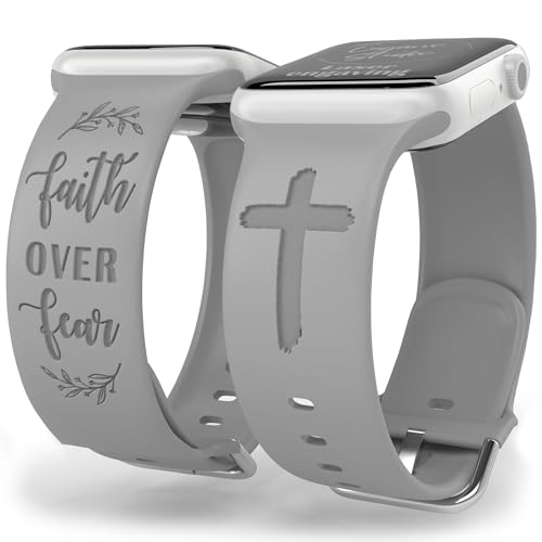 Faith Over Fear Watch Band compatible with Apple Watch Laser Engraved iWatch Band Silicone 38mm 40mm 41mm 42mm 44mm 45mm 49mm Strap Jesus Psalm Christian God (38/40/41mm S/M, Grey)
