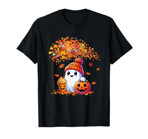 Lindo Fantasma Acción de Gracias Otoño Halloween Fantasma Café Camiseta