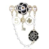 Dimeho Imitation Pearl Dangle Chain Brooch Vintage Lapel Pins and Brooches for Women Four Leaf Clover Brooch Number 5 and Camellia Brooch Pin Elegant Rhinestone Jewelry Gifts for Wedding