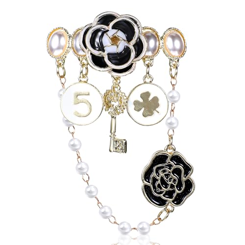 Dimeho Imitation Pearl Dangle Chain Brooch Vintage Lapel Pins and Brooches for Women Four Leaf Clover Brooch Number 5 and Camellia Brooch Pin Elegant Rhinestone Jewelry Gifts for Wedding by Dimeho - Used condition - US$8.00
