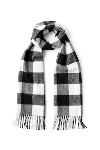 Fishers Finery Men's 100% Pure Cashmere Winter Scarf - Perfect Luxury Gift, Cold Weather Classic Plaid Large Scarf With Fringe (Black White Buffalo)