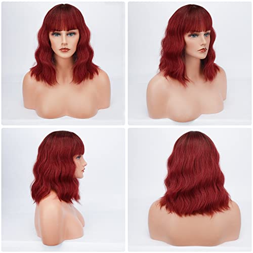 BARSDAR Pastel Wavy Wig Fluffy Lovely Curly Wigs with Bangs 14 Inches Soft Heat Resistant Synthetic Hair Shoulder Length Cosplay Party Wig with Free Wig Cap for Women/Girl- Red - Image 2