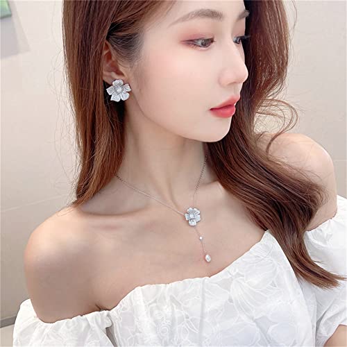Crystal Flower Drop Y Necklace for Women Cubic Zirconia Diamond Shell Pearl Charms Pendant Choker Chain Adjustable Fashion Shiny Wedding Birthday Anniversary Jewelry Gift Box3