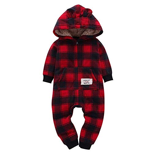 SUPERON Baby Boys Girls Thicker Grid Fleece Rompers Jumpsuit Hooded Pocket Bobysuit Pajamas(Wine,18-24M)