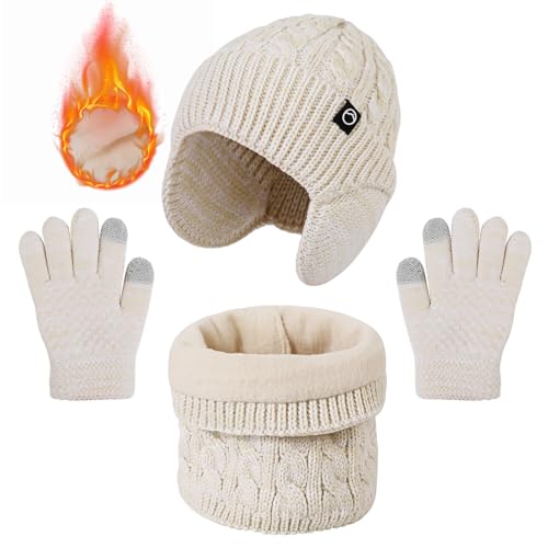TAGVO 3 en 1 Ensemble Bonnet-Echarpe-Gants Enfant Hiver, Ensemble Chapeau Hiver Bonnet Écharpe Gant Tricot Doublure Doublé Polaire avec protège-oreilles Épaisse pour Fille et Garçon 4-10Ans