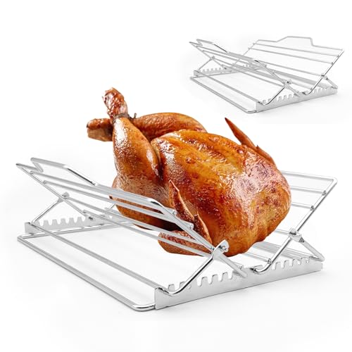 HYSHLC Adjustable Chicken Roasting Rack, Universal Rib Roasting Rack V-Shaped Turkey Roasting Rack 27.6 x 26.2cm Baking Rack for Oven Cooking for Most Smoker, Ovens(Silver)