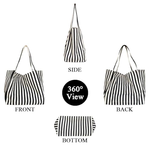 Image of Striped Canvas Tote Handbag for Women Vertical Stripe Large Capacity Shoulder Bag for Shopping Travel