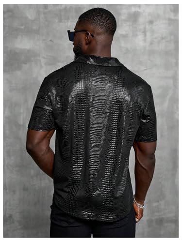 WDIRARA Men's 70s Disco Top Crocodile Pattern Button Down Shirt Short Sleeve Rave Party PU Leather T Shirt2