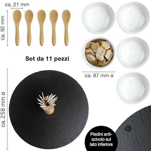 Moritz & Moritz Set da 11 pz Serving Set Sesame - Vassoio in Ardesia con Manico in Legno Ciotole in Ceramica cucchiai di bambù - per antipasti e Snack - immagine 3