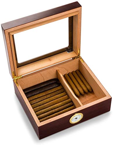 Personalized Humidor Cigar Box with Glass Top and Round Humidifier - 50 Cigars Capacity, Made of Mahogany Wood, Unique Christmas Gifts for Boyfriend, Men, Teacher, Family, Husband (Stamped Design) - Thumbnail 2