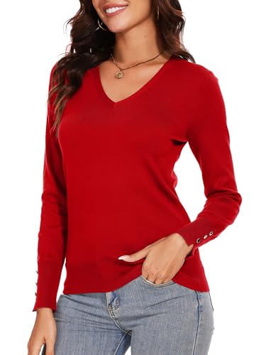 Image of Spicy Sandia Women's V Neck Pullover Sweaters with Dressy Cuffs | Long Sleeve Business Casual Knit Tops