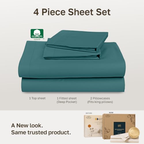 Image of Soft Natural 100% Cotton Sateen King Bed Sheets, 4 Pc Set, Teal (Deep Tone)