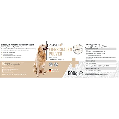 ReaVET Eierschalenpulver Hund & Katze 500g – Natürliche Calciumquelle für gesunde Knochen und Zähne, Eierschalen Pulver für Hunde und Katzen, Barf Zusatz