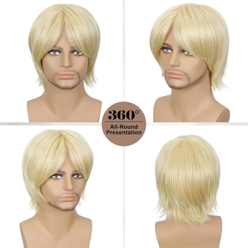 Image of QUEENTAS Unisex 10 Inch Short Straight Blonde Wig, Heat Resistant Synthetic Glueless Wig for Halloween Cosplay Daily Wear