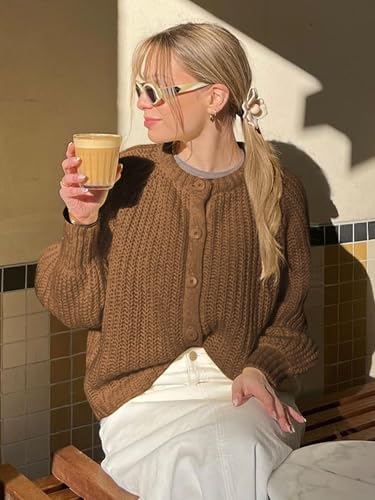 YKR Womens Fall Cardigan Sweater Long Sleeve Chunky Knit Open Front Button Loose Casual Cardigan Coat Brown L2