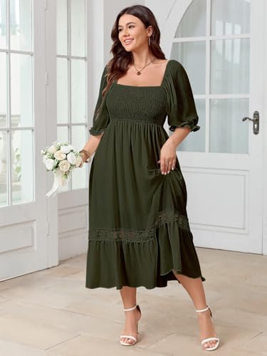 Image of SCOMCHIC Women's Plus Size Boho Maxi Dress Short Sleeve Square Neck Smocked Flowy A-Line Lace Trim Wedding Guest Dresses