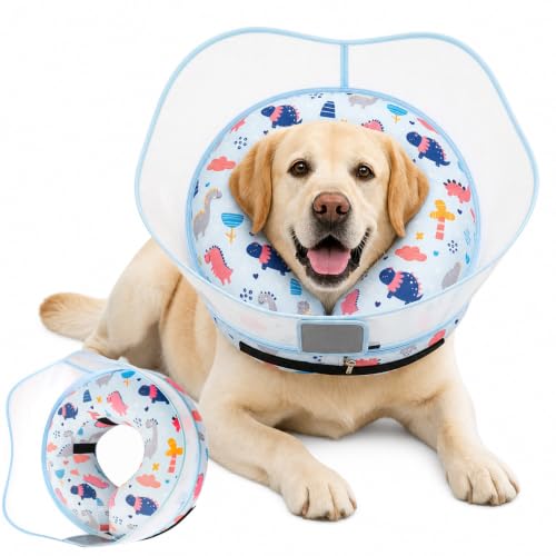 Image of Inflatable Dog Cone Collar for Large Medium Small Dogs, Soft Dog Donut Collar Adjustable Recovery Cone for Pets After Surgery, Extra Enhanced Anti-Licking Guard Shield (Dinosaur, Large)