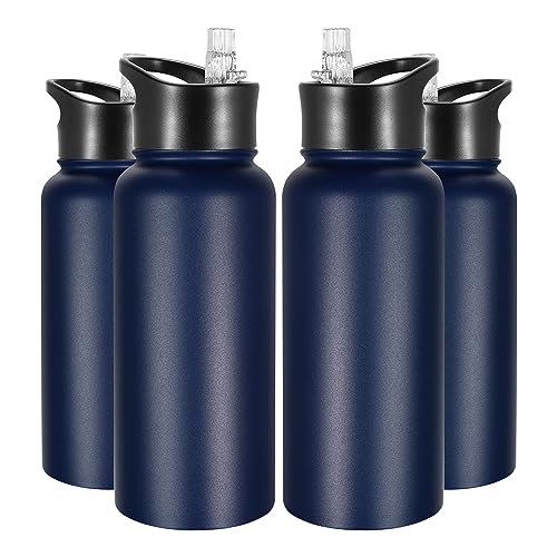 VEGOND 32 oz Insulated Water Bottle Bulk Stainless Steel Metal Sports Water Bottles with Leak Proof Straw Lid & Spout Lid, Wide Mouth Double Walled Vacuum Travel Cup, 4 Pack