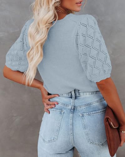 Image of Womens Short Sleeve Sweaters Crewneck Knit Pullover Tops 2025 Summer Casual Lightweight Crochet Blouse Shirt