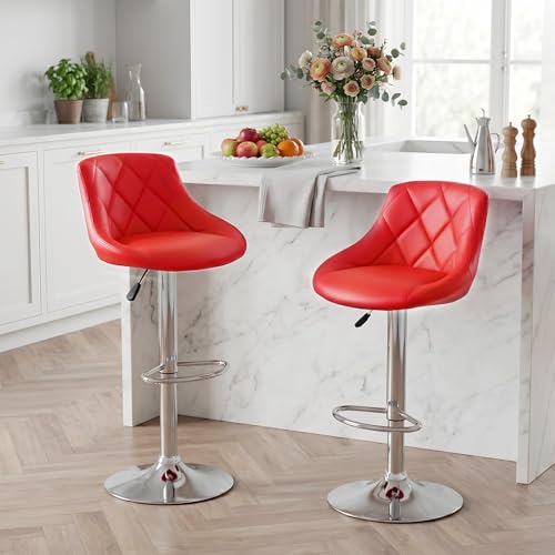 Butacos de Barra Ajustables con Giro de 360°, Asiento Tapizado en Cuero Sintético y Soporte para Pies, Juego de 2 (Rojo Brillante) miniatura 2