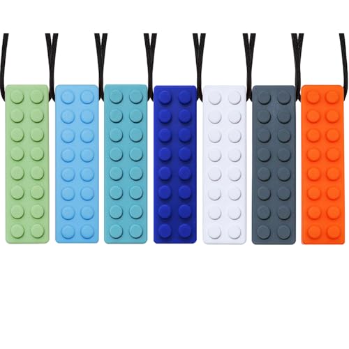 Image of Olugu Chewing Necklace for Kids Sensory, Blocks Sensory Necklace for Chewing Boys Girls with Autism, ADHD, Teething, Biting, Chewing Needs, Silicone Chewy Necklace Sensory for Reduce Anxiety -7 Pack