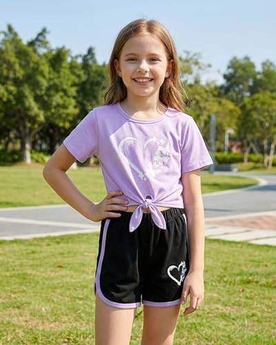 Image of Jecson Girls Summer Outfits 2Pcs Kids Clothes Girls Tie Knot Front Tops T-Shirts and Casual Short Sets 5-12Y
