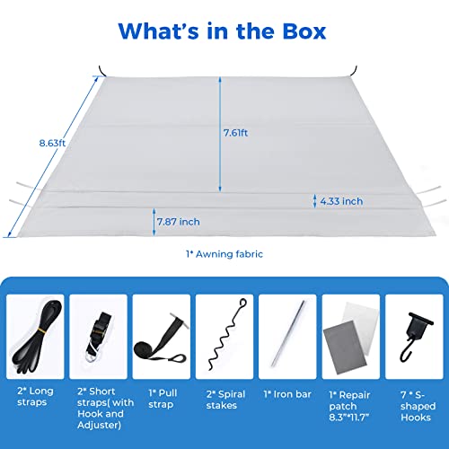 Fonzier Rv Awning Fabric Replacement, 280Gsm Anti-Fading Fabric With Awning Tie Down Kits & 7 Awning Hooks & Pull Strap For Trailer Camper Awning 17'(Fabric 16'2"), Gray #TOP5