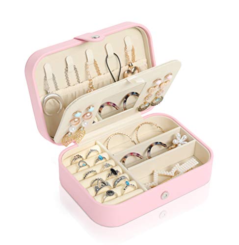 Travel Jewelry Case Small Jewelry Box Double Layer Leather Jewelry Organizer Case for Necklace Earring Rings Pink