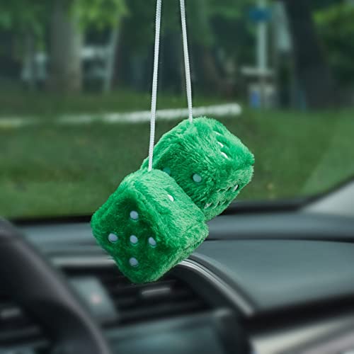 Image of 2.95'' Retro Fuzzy Plush Dice Car Charm Square Rear View Mirror Hanging Ornament Accessories, Green