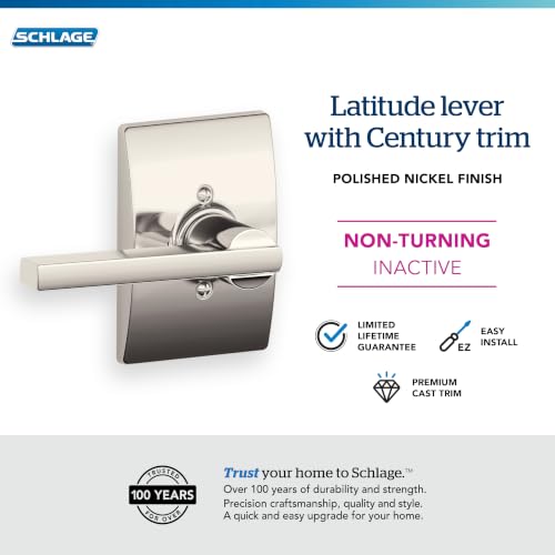 Image of SCHLAGE Latitude Non-Turning Dummy Door Handle, Reversible, Polished Nickel | Non-turning dummy lever door handle with no latch or lock, Decorative pull, One sided, Easy to install, Certified durability