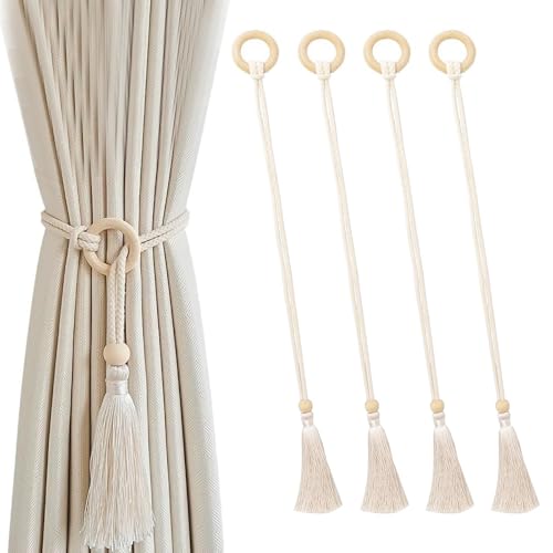 4 Pièces Embrasse pour Rideaux Beige, MUNTE Attache Rideau Corde, Corde d'attache pour Rideaux avec Anneau en Bois et Pompon, Longueur 73 cm, pour Salon,...