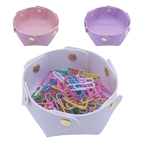 3 Pack Cute PU Leather Paper Clip Holder for Desk, Aesthetic Valet Tray for Binder Clips, Hair Accessories, Decorative Small Desk Organizer for Home Office School (White, Purple, Pink)