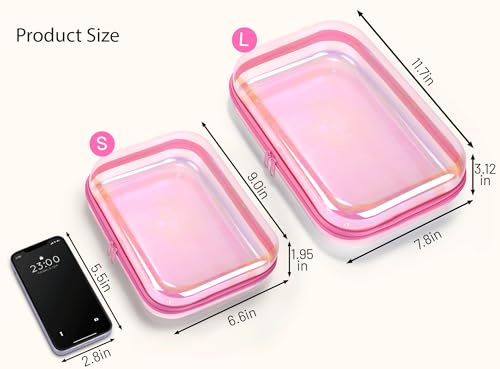 Toiletry Bag,Water Resistant Cosmetic Organizer for Bathroom,2 Pcs Quart Size Clear Iridescent Hard Shell Zipper Case for Toiletries,Portable Storage for Women girls,Travel Essentials2