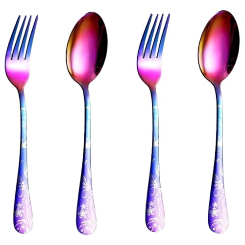 Image of Rainbow 4-Piece Cutlery Set with Floral Printed Handle | 2 Tablespoons & 2 Dinner Forks (8.1 inch) | Durable Stainless Steel Tableware for Home, Restaurants, and Gift Giving