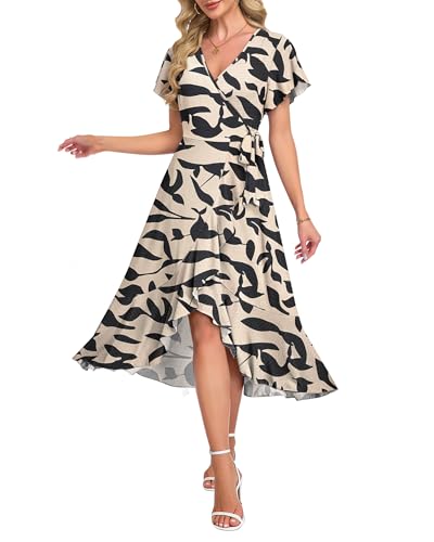 Image of AUSELILY Women Summer Midi Dresses Wrap Short Flutter Sleeve Elegant Dress | High Slit,High-waisted,Ruffled Hem,V-Neck,Fixed-strap Design,Skin-Friendly,Breathability,Wedding Guest Dresses